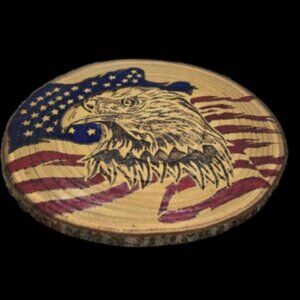 American Eagle wood burned colored art 18x11x.75 inch, oval, live edge